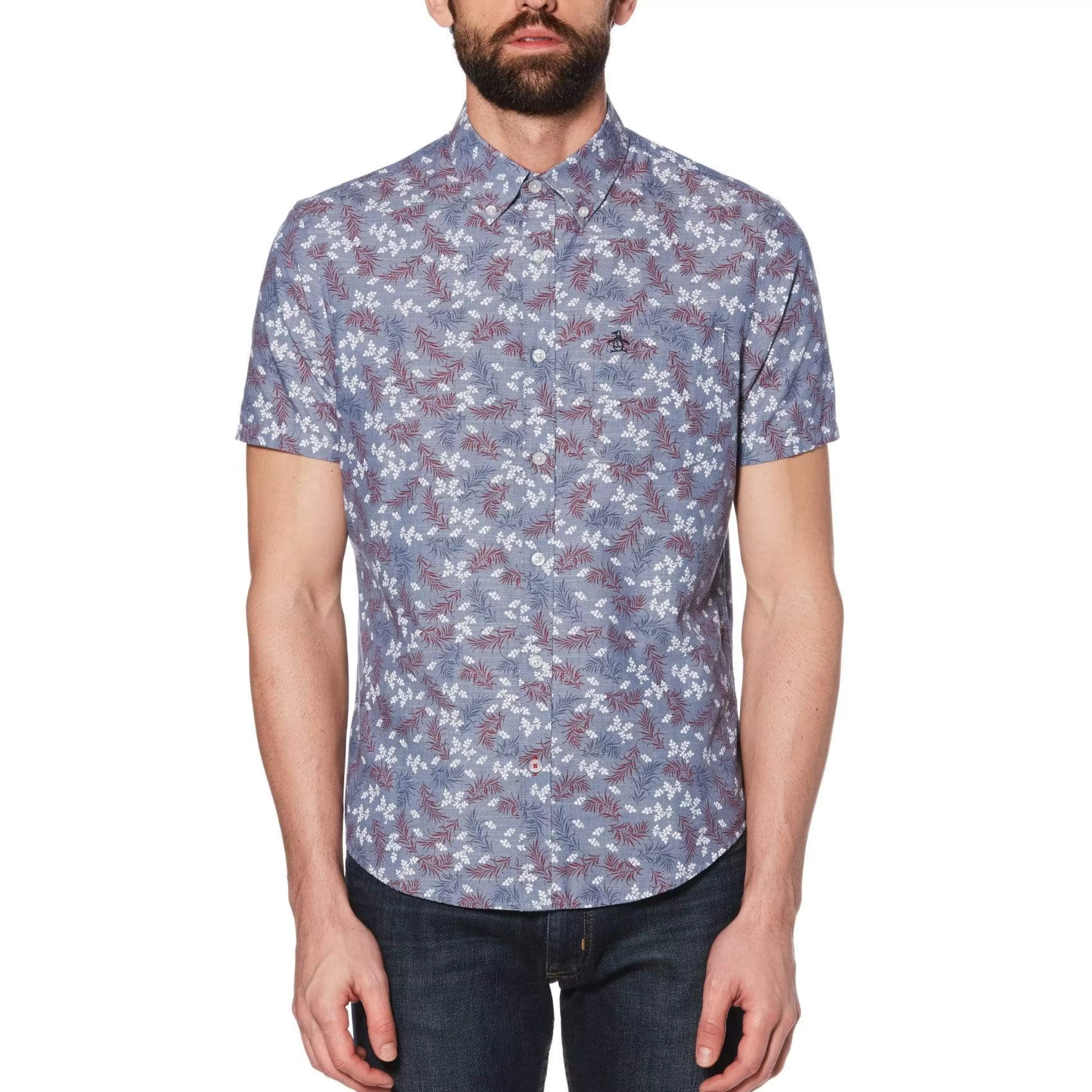 Best Sale Chambray Floral Fern Print Shirt Men Shirts