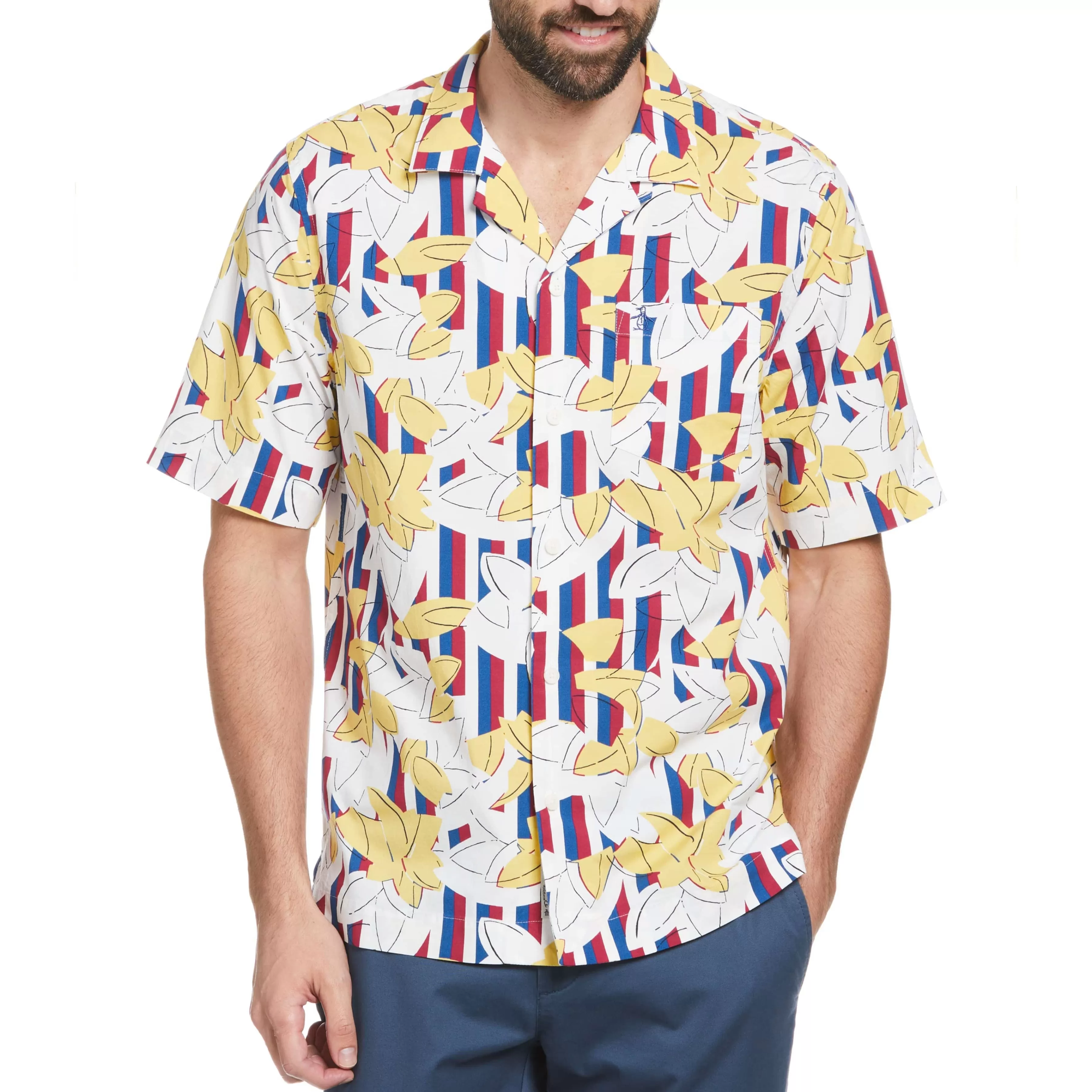 Best Ecovero™ Stripe Leaf Print Camp Collar Shirt Men Shirts