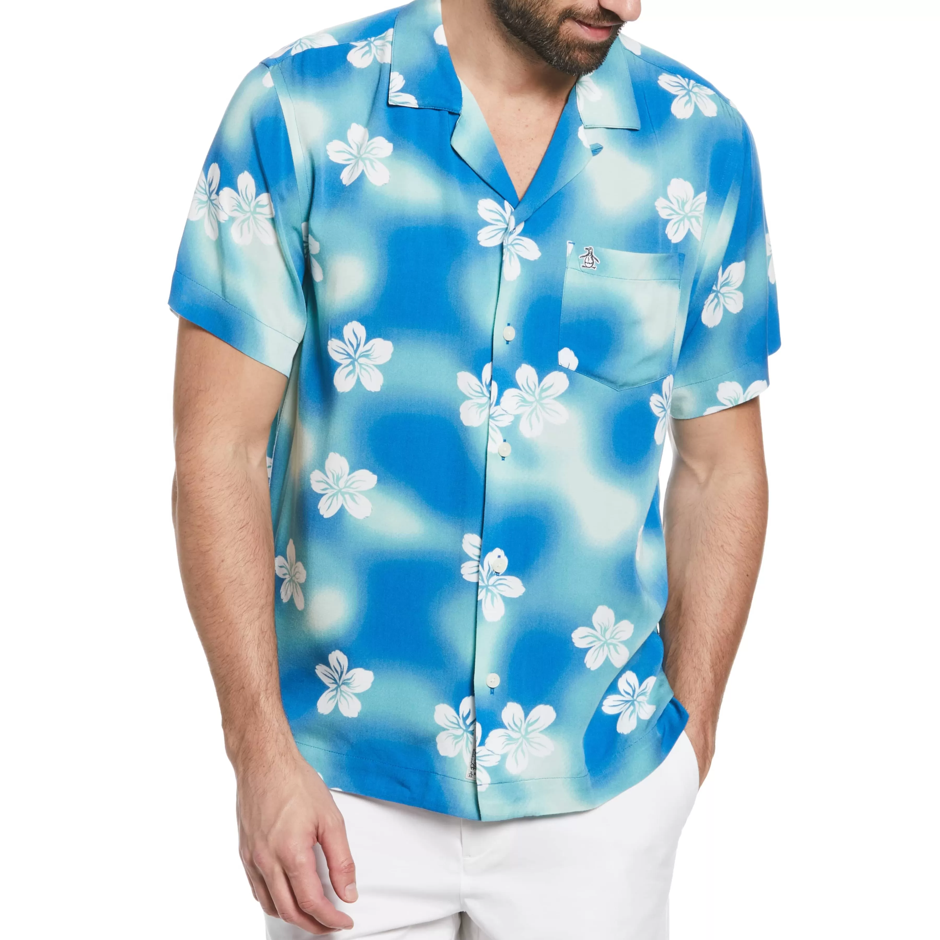 New Ecovero™ Watercolor Floral Print Camp Collar Shirt Men Shirts