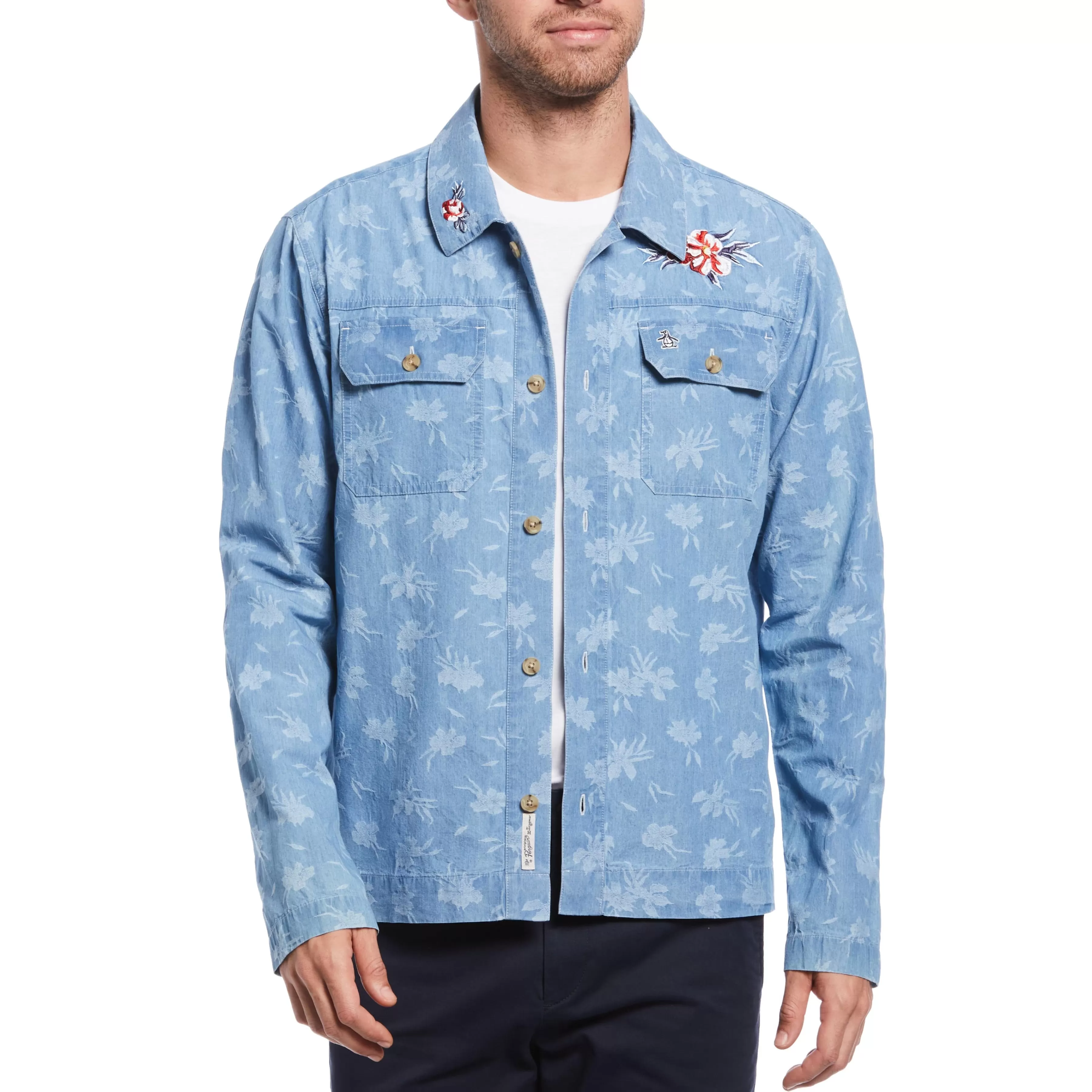 Online Embroidered Floral Print Denim Jacket Men Jackets & Vests