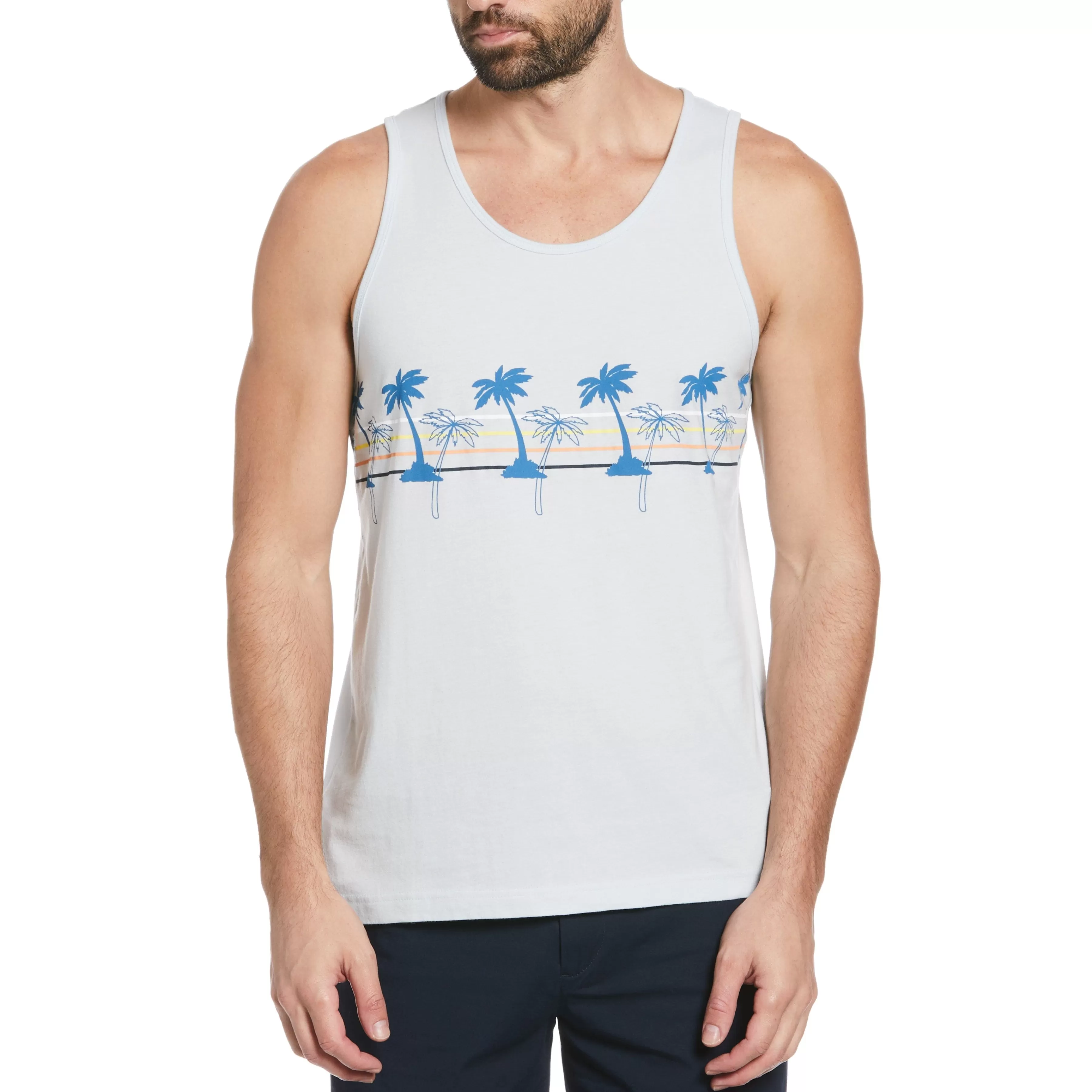 Cheap Engineered Stripe Palm Tree Print Tank Men Tees