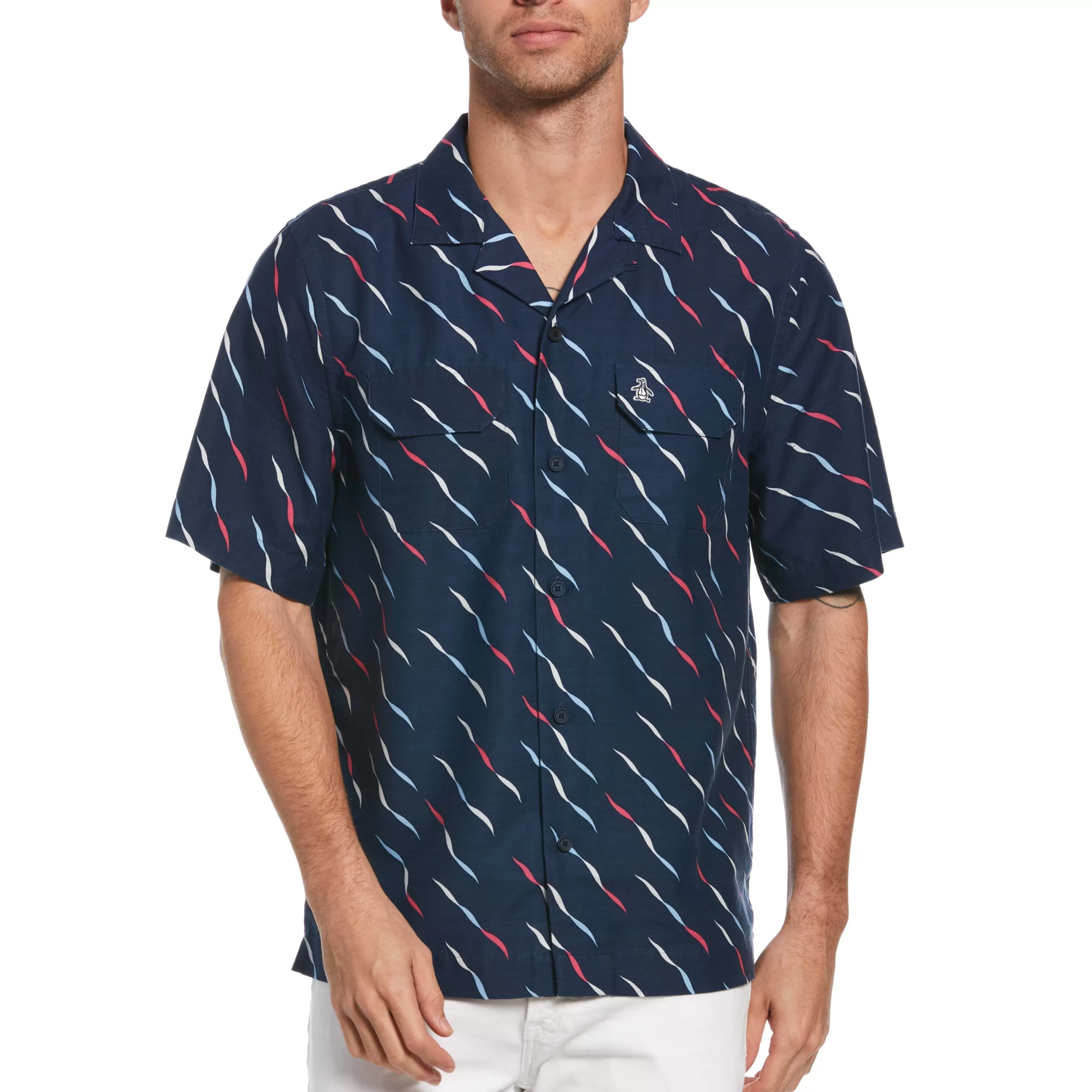 Cheap Geo Wave Print Bowling Shirt Men Shirts