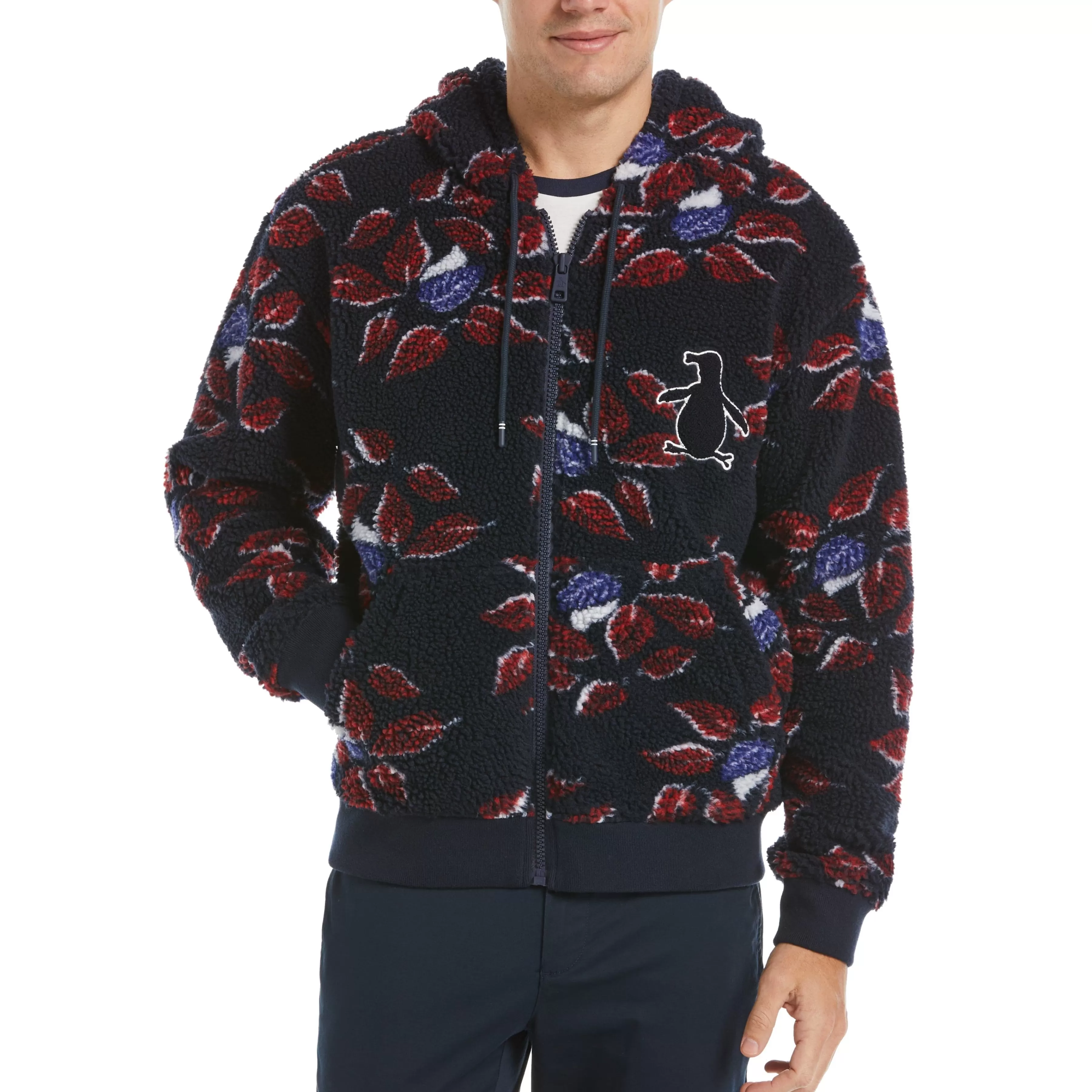 Cheap Leaf Print Sherpa Hoodie Men Hoodies & Sweatshirts
