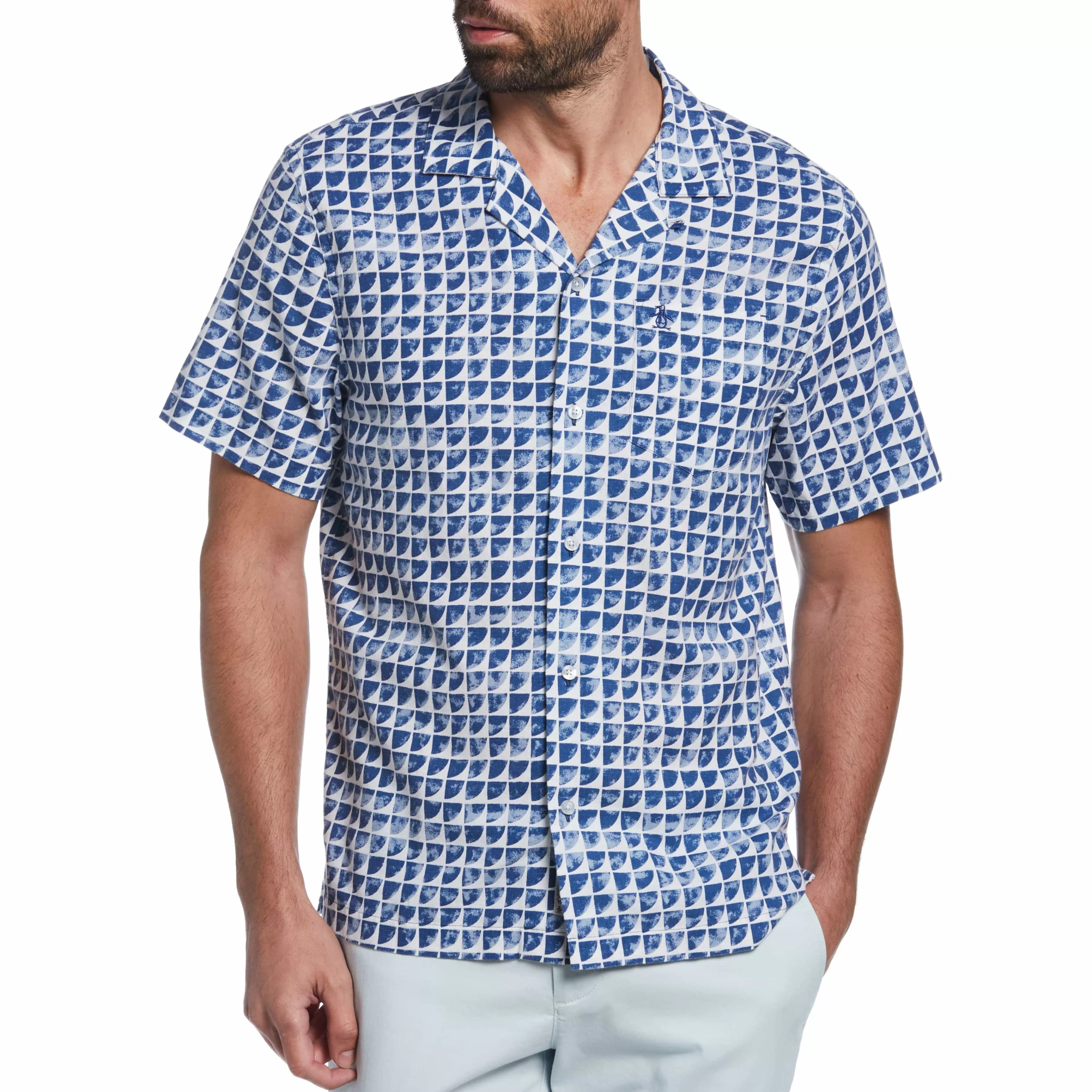 New Linen Blend Geo Print Camp Collar Shirt Men Shirts