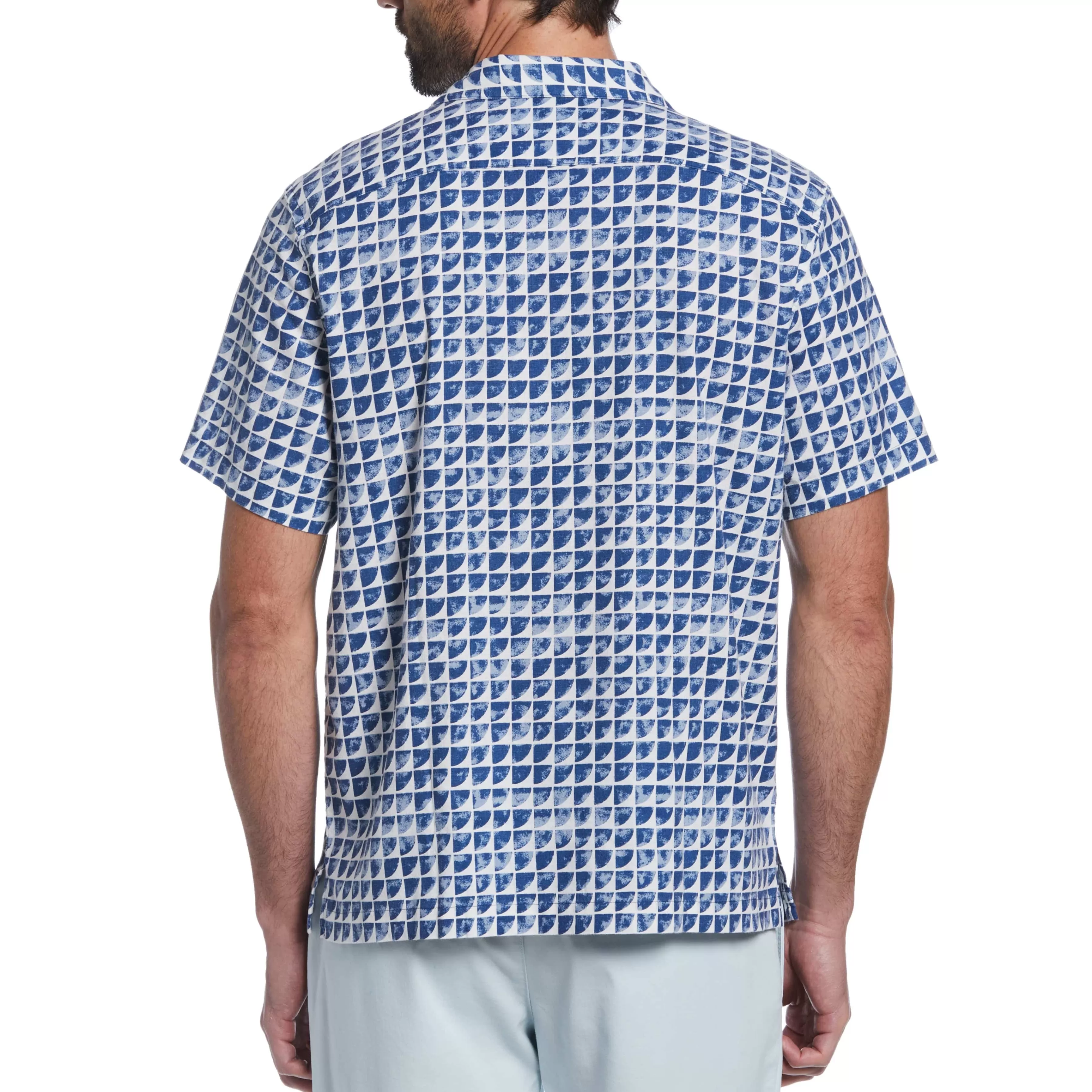 New Linen Blend Geo Print Camp Collar Shirt Men Shirts