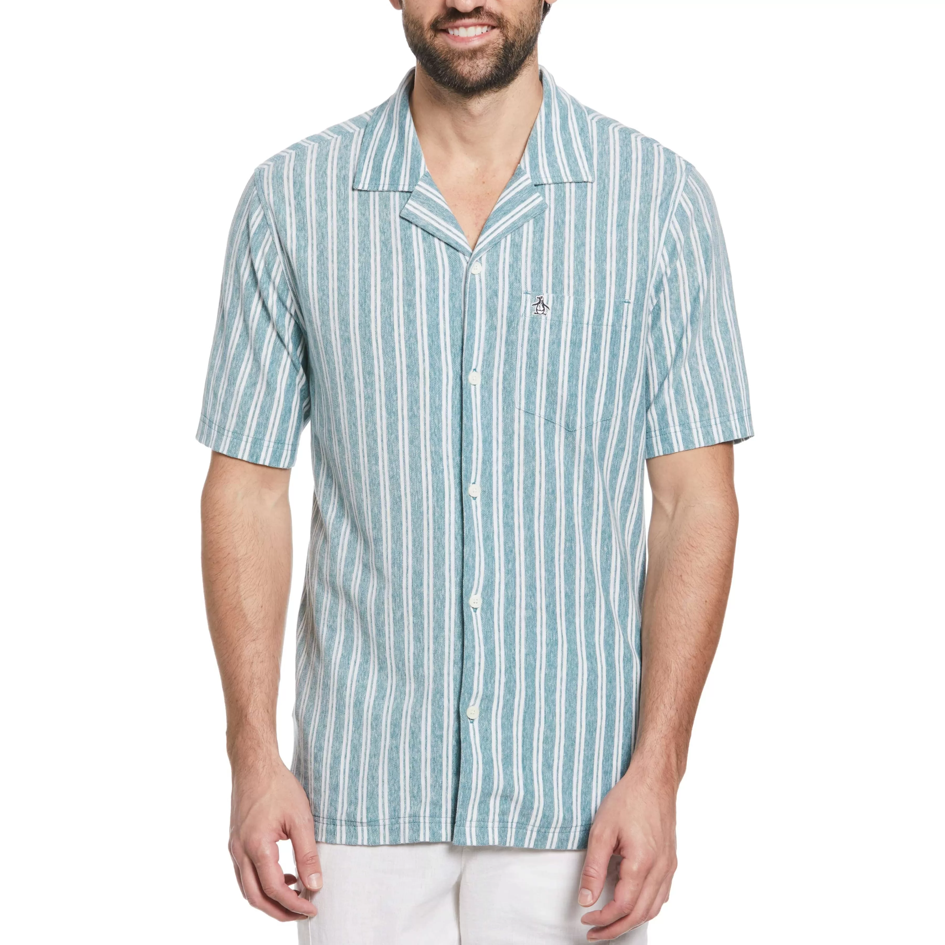 New Linen Blend Striped Pique Shirt Men Shirts