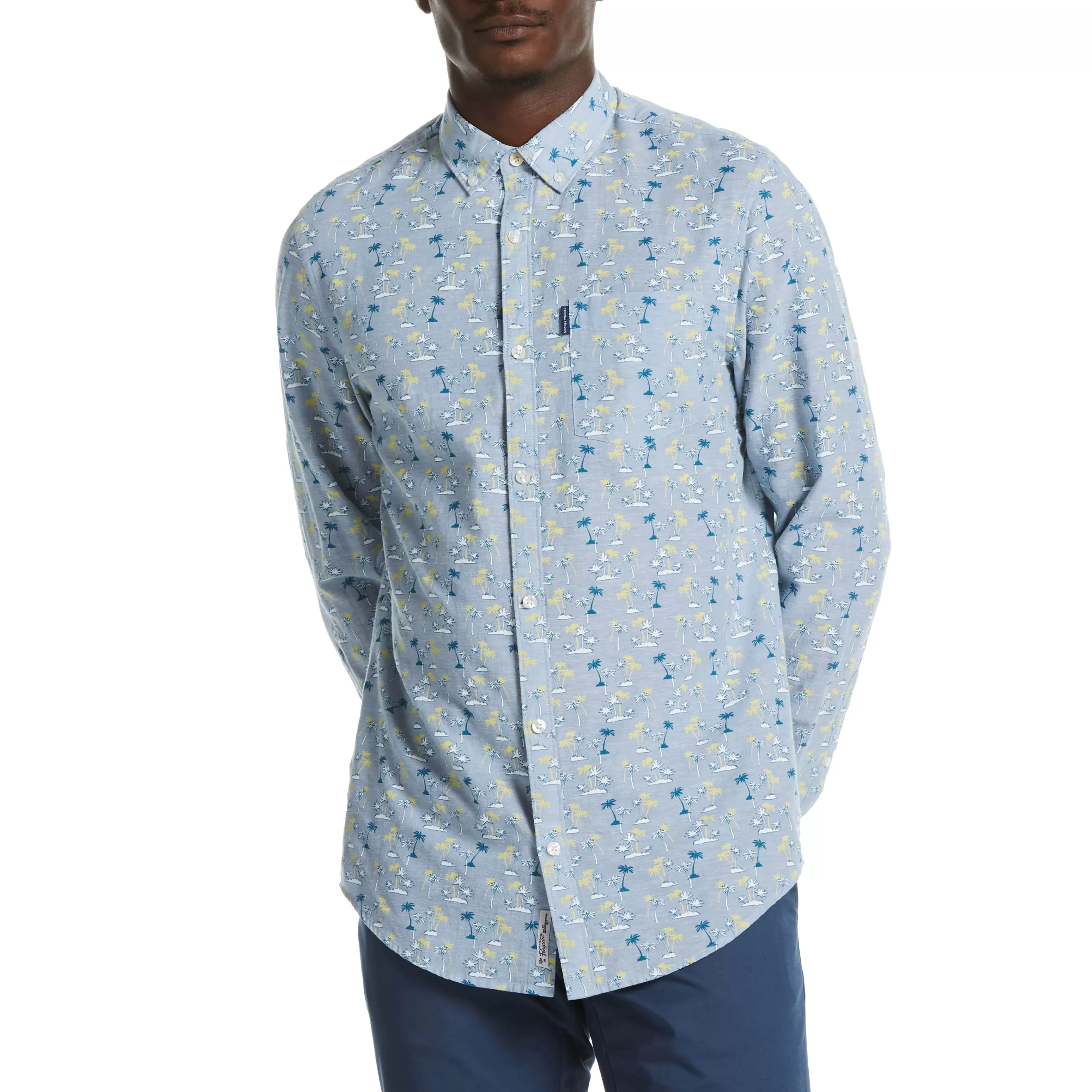 New Linen Blend Tonal Palm Print Shirt Men Shirts