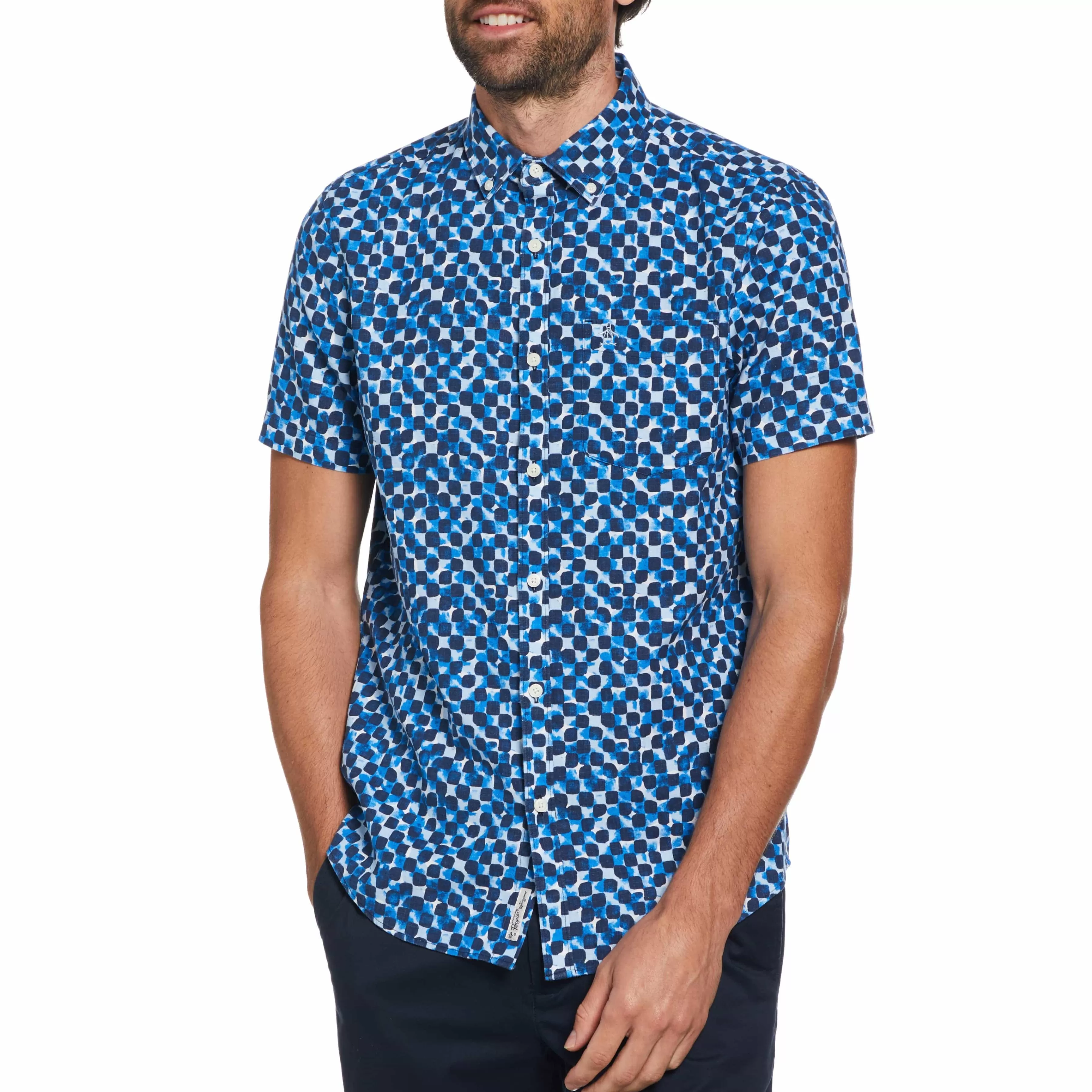 Clearance Linen Ecovero Blend Tile Print Short Sleeve Shirt Men Shirts