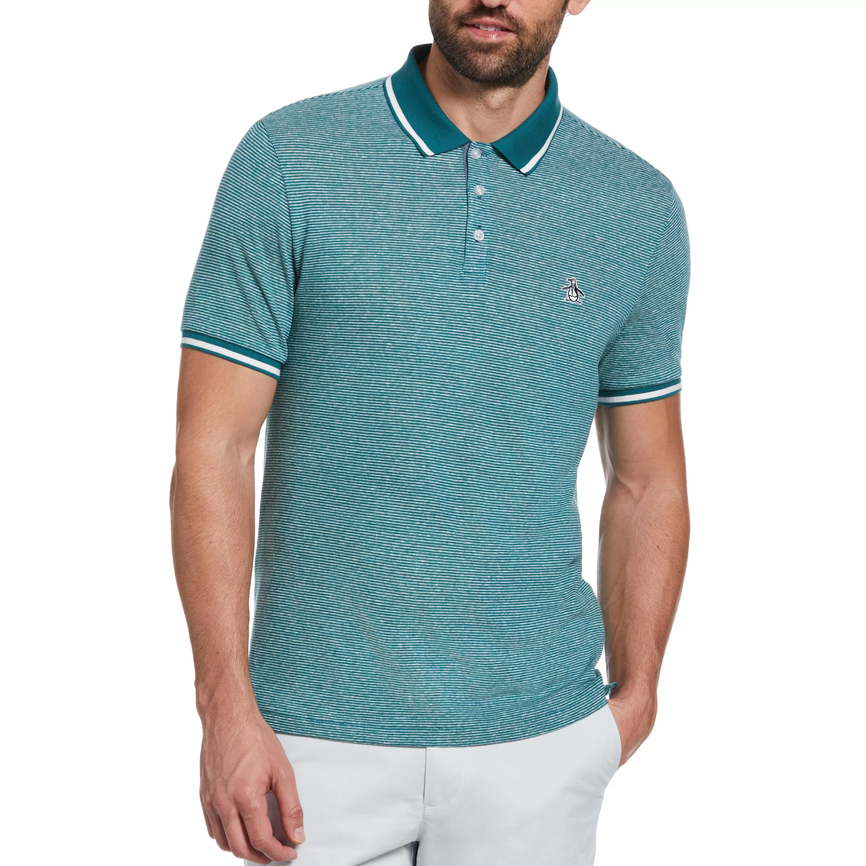New Micro Stripe Tipped Collar Polo Men Polos