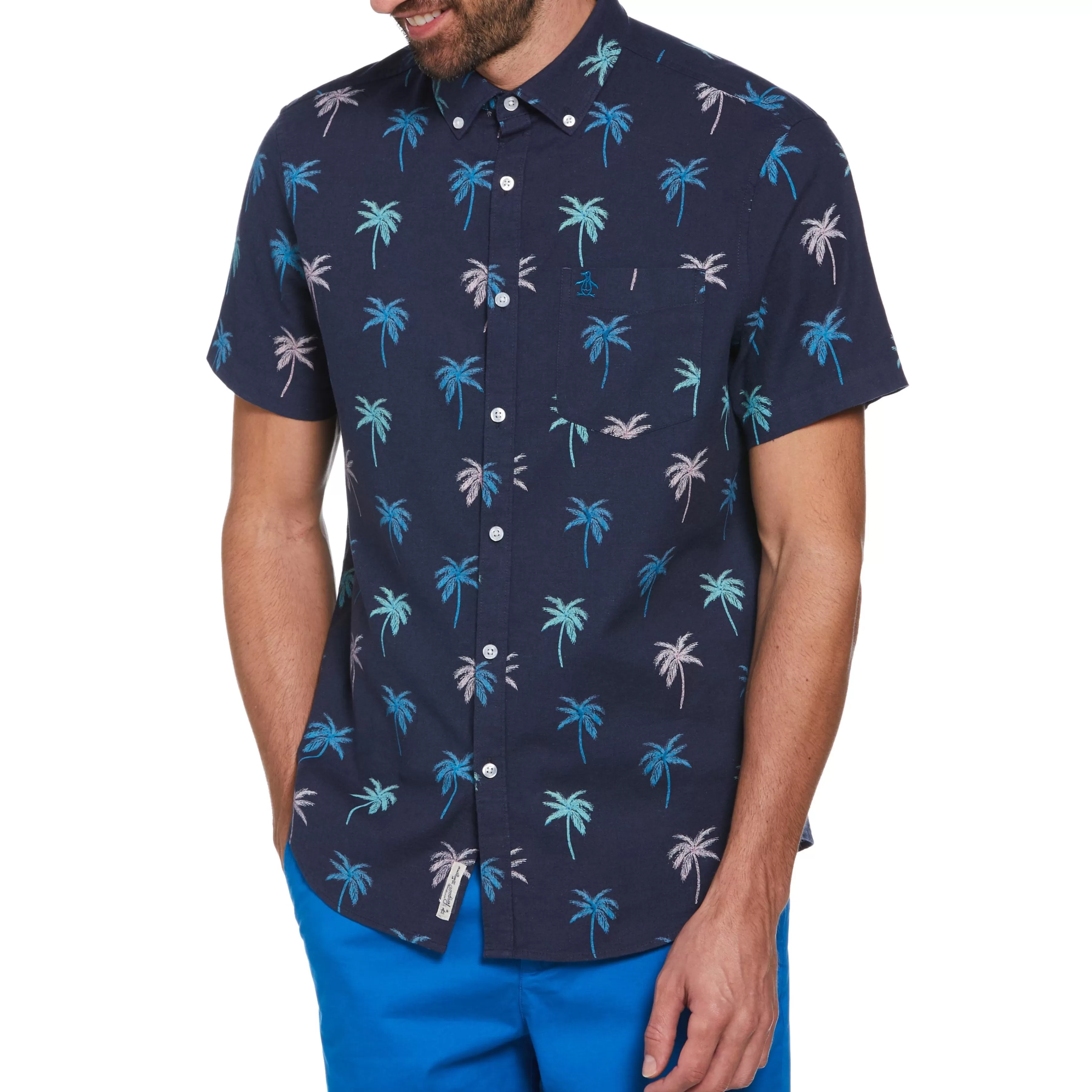 Clearance Palm Tree Print Linen Blend Shirt Men Shirts