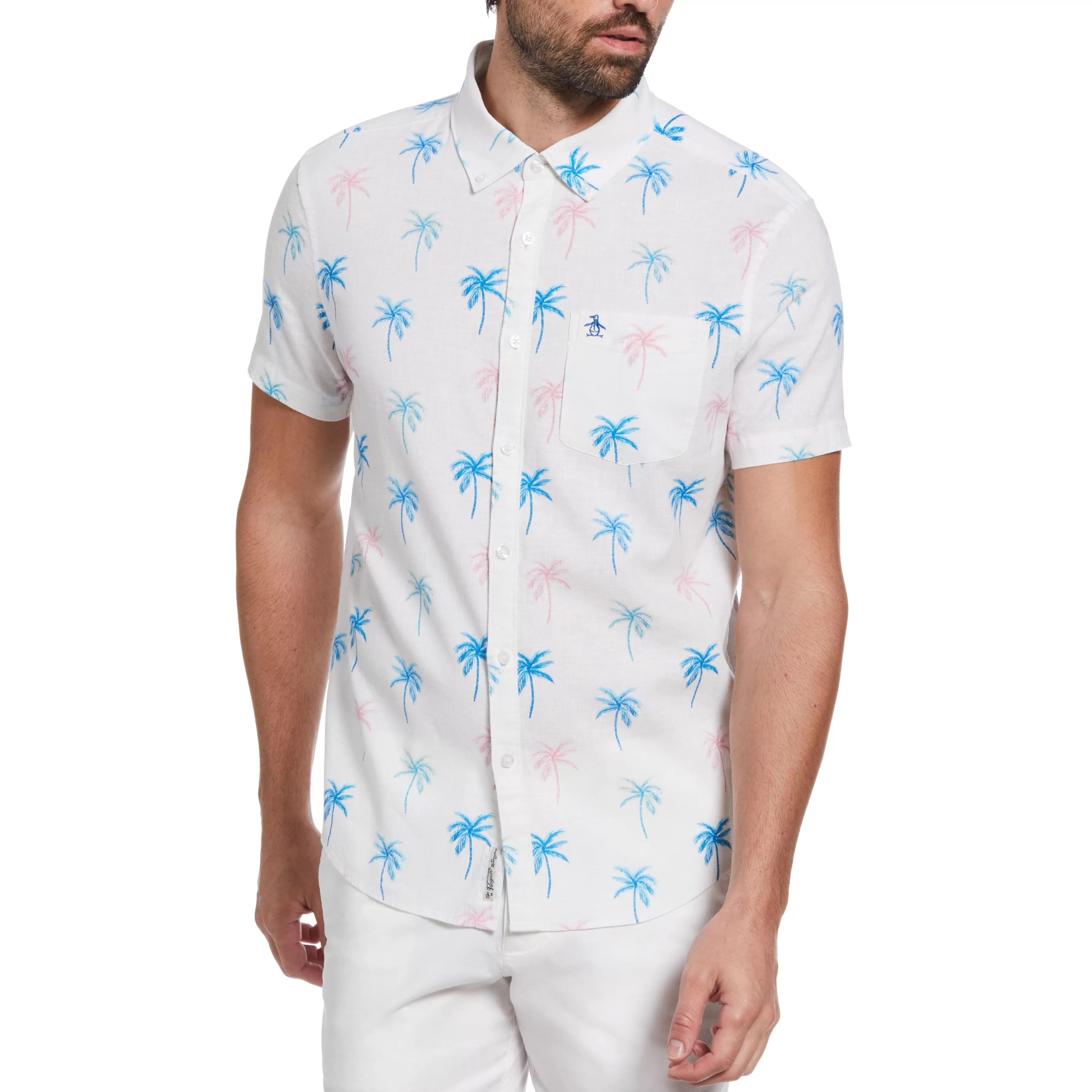Best Sale Palm Tree Print Linen Blend Shirt Men Shirts