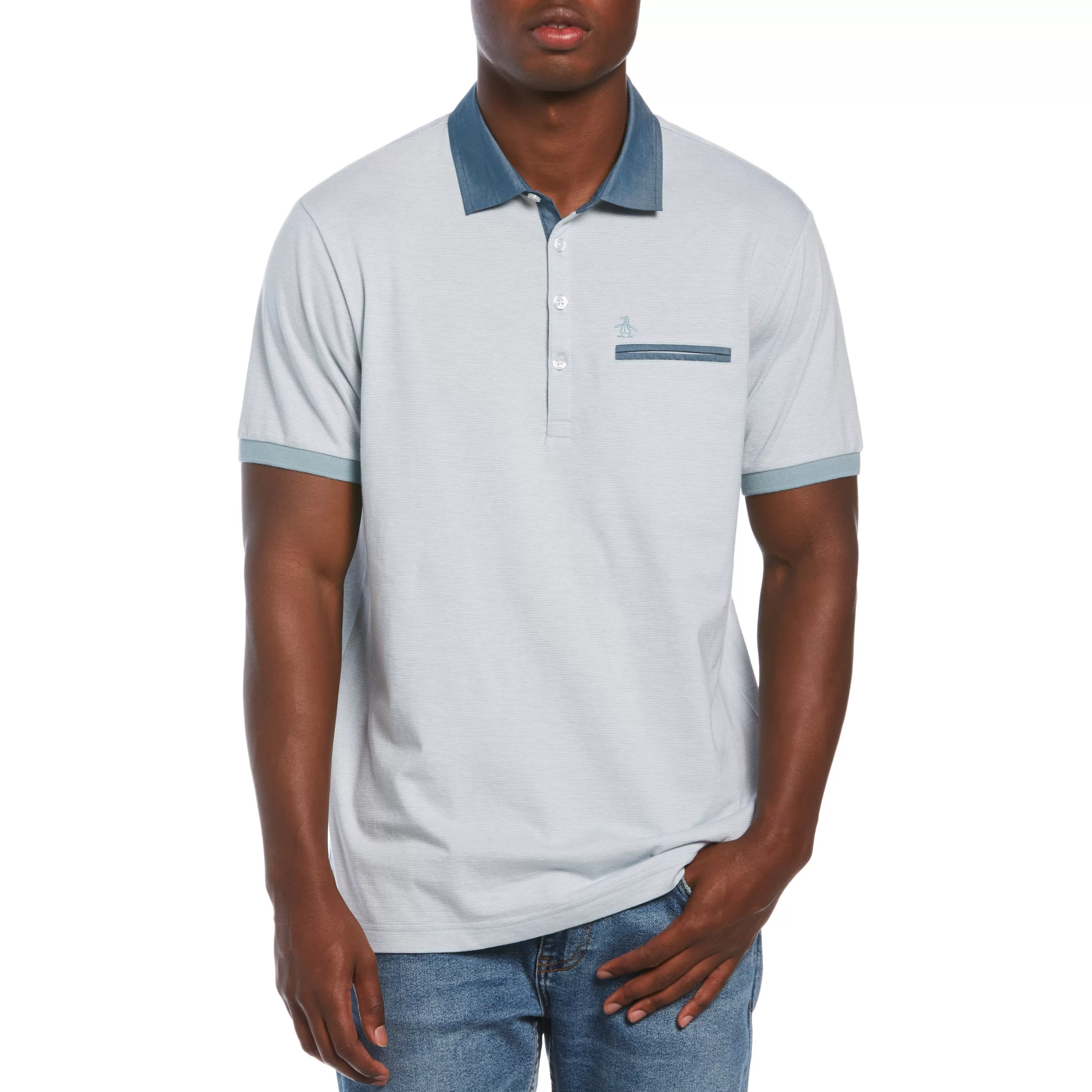 Hot Stripe Chambray Collar Polo Men Polos