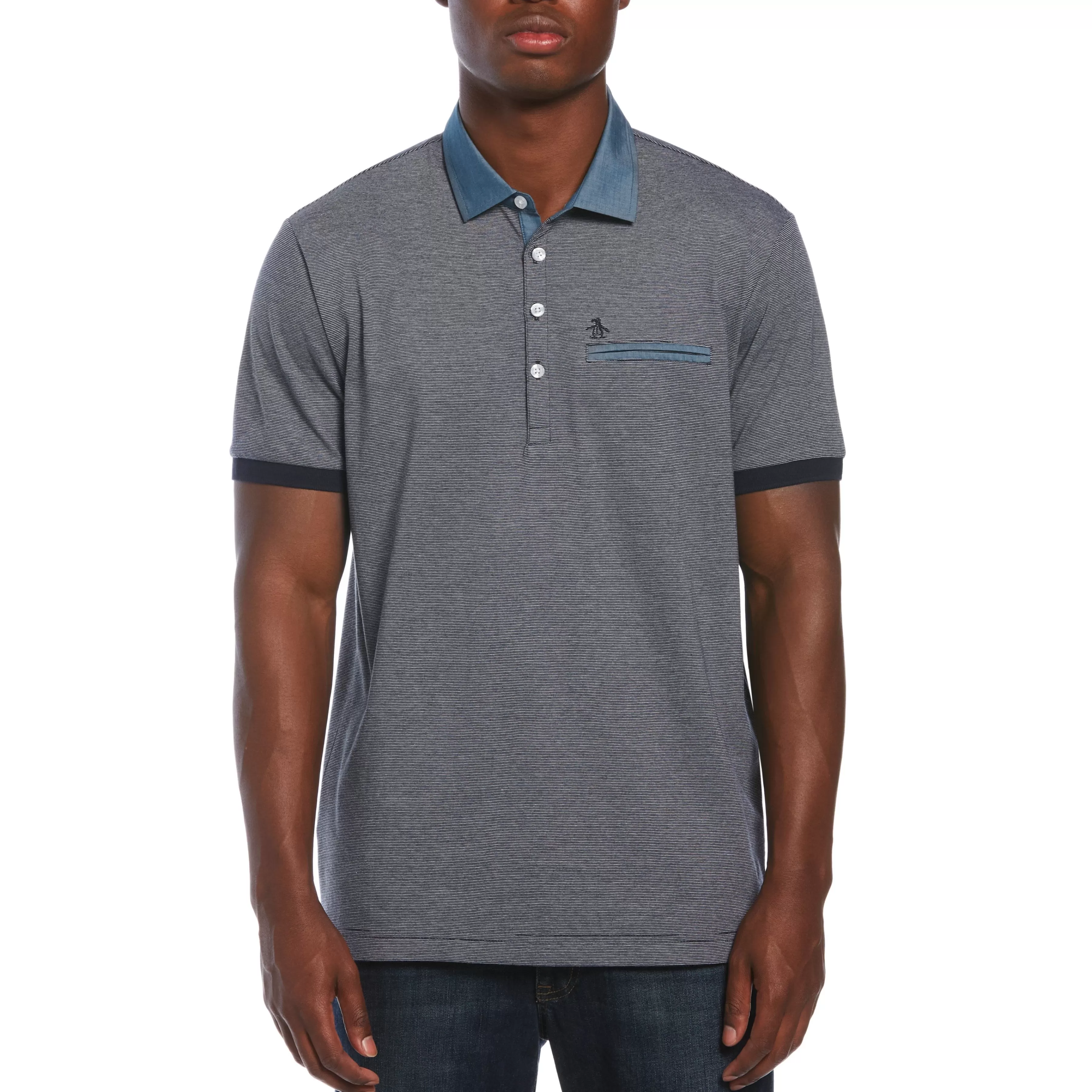 Store Stripe Chambray Collar Polo Men Polos